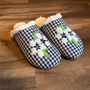 Lands' End Navy Checkered Women's Slippers with Floral Design